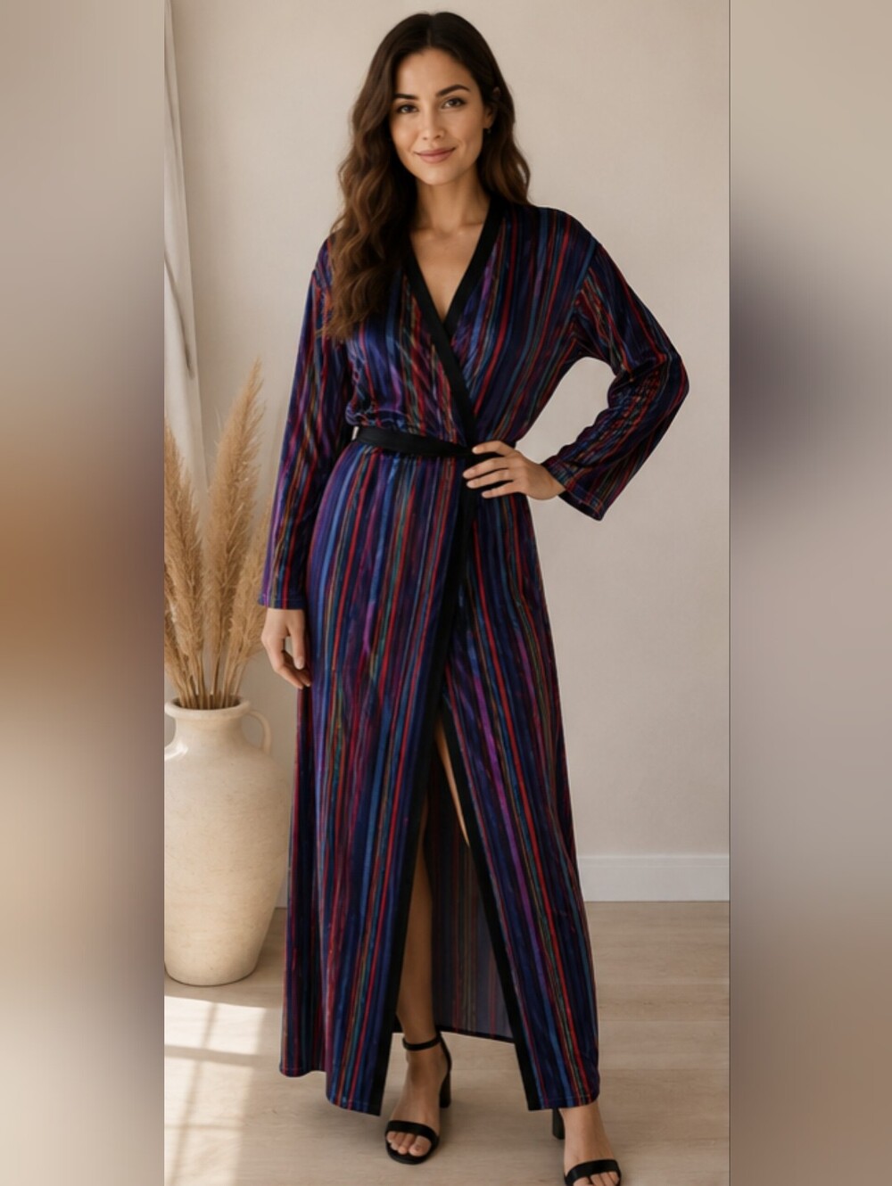 Zara TRF Velour Wrap Dress Kimono Striped Y2K